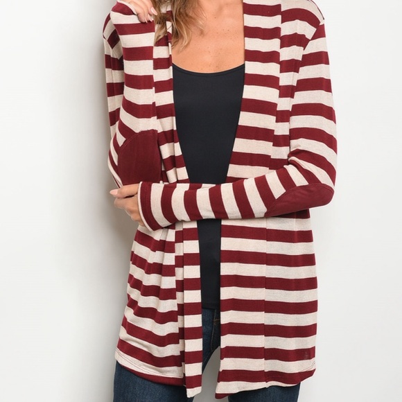 Cream Burgundy Stripes Cardigan - Picture 2 of 3